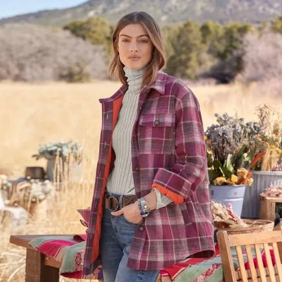 Sundance Shacket/Jacket Woman's Size PS, Burgundy Button Up plaid - Picture 1 of 9